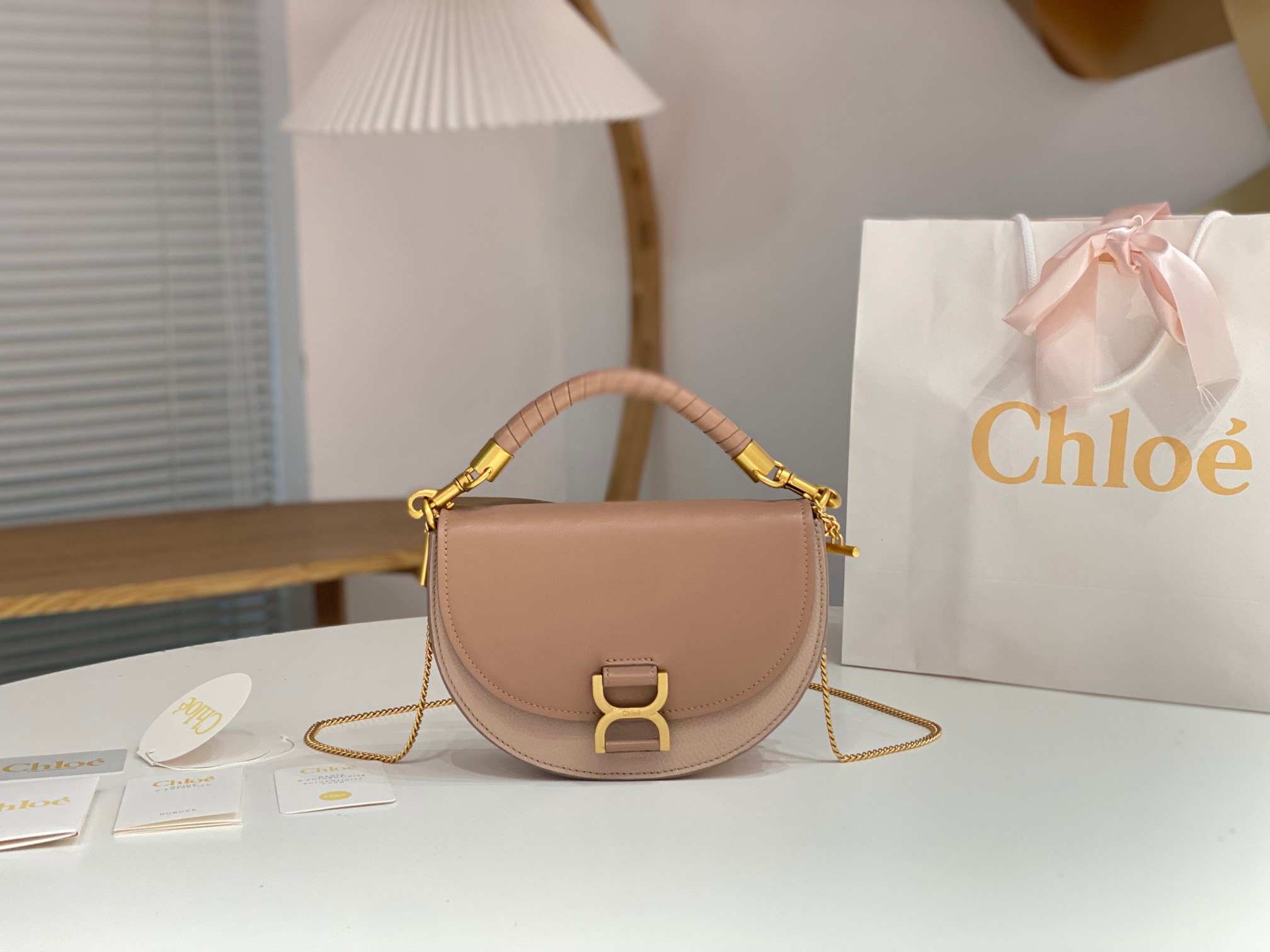 Chloe Marcie Chain Flap Bag In Nude Pink Grained Leather